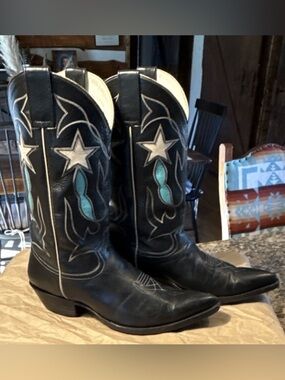 Custom Made Black Leather Western Cowboy Boots with Turquoise Star Inlay